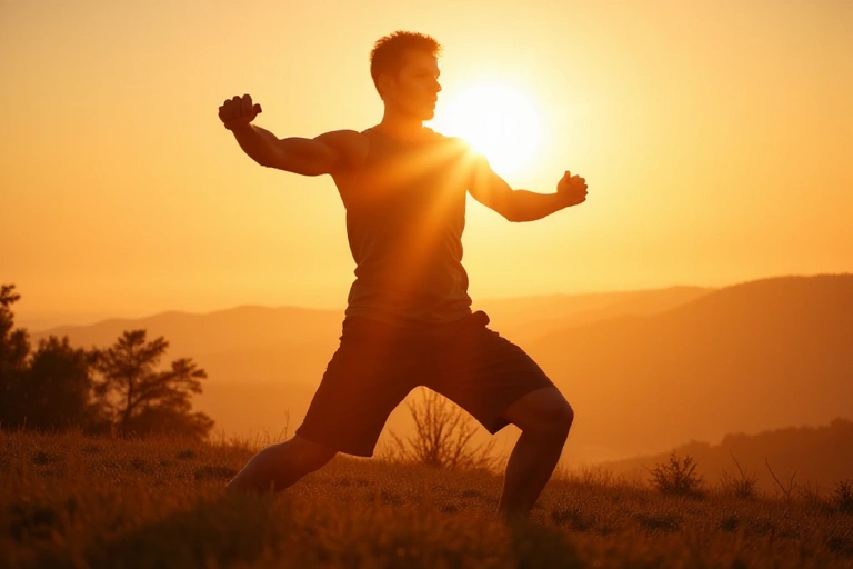 Hombre joven haciendo ejercicio al aire libre al amanecer, simbolizando energía y bienestar.