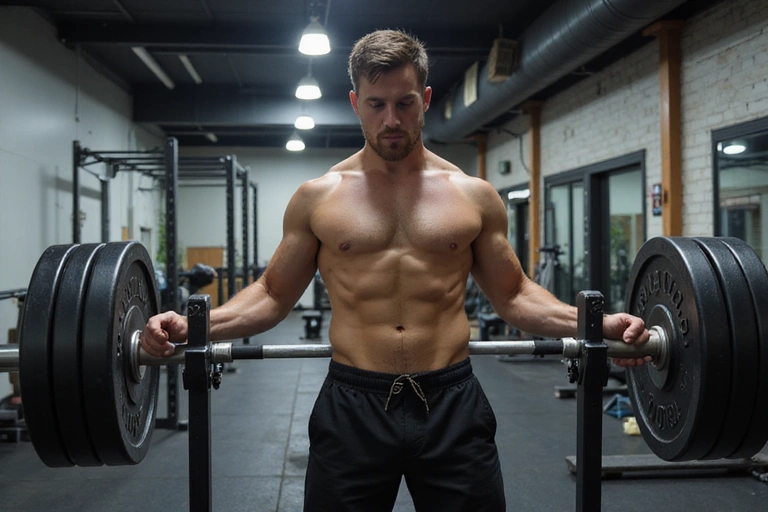 Hombre levantando pesas en un gimnasio, concentrado en su entrenamiento de fuerza.