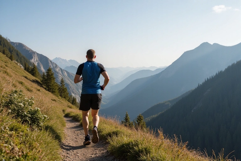 Hombre corriendo por un sendero en la montaña, disfrutando de la actividad física al aire libre.