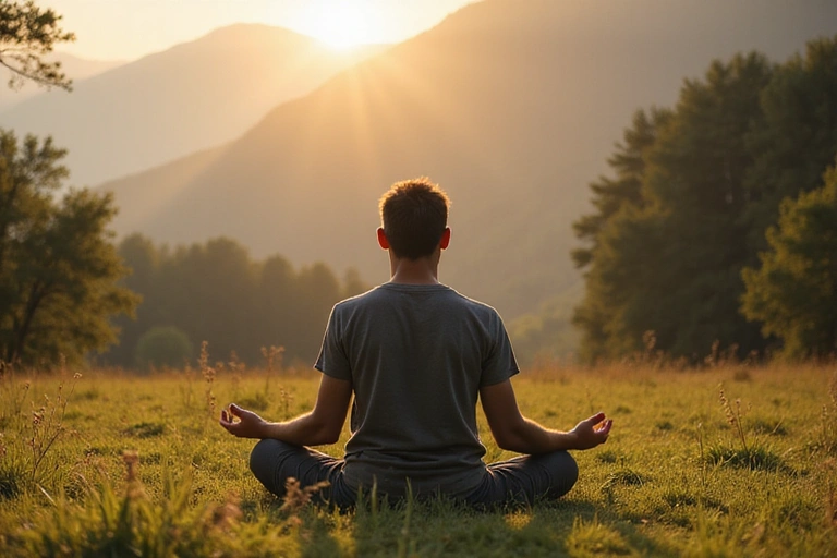 Hombre meditando en la naturaleza, con enfoque y paz interior.
