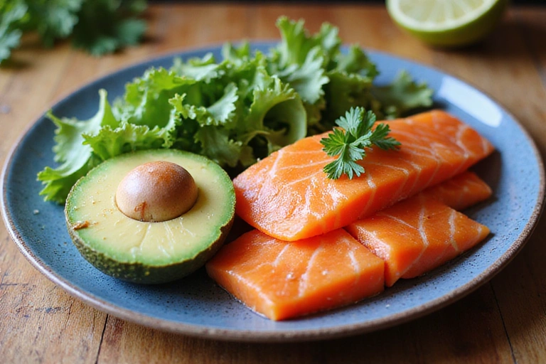 Plato colorido con alimentos saludables como aguacate, salmón y verduras frescas, en una mesa de madera.
