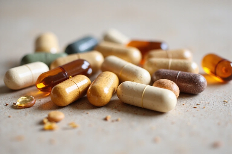 Primer plano de diversas vitaminas y minerales en cápsulas, sobre un fondo neutro.