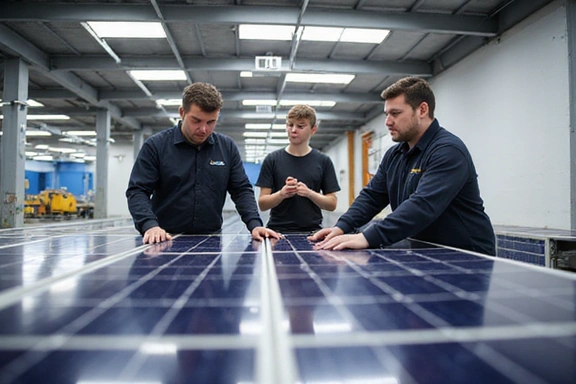 Equipo de CordobaEnerVoxMart revisando paneles solares en un almacén.