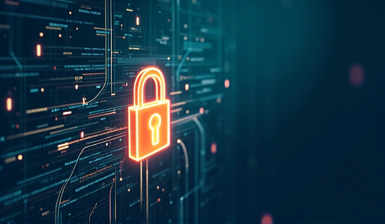 Ilustración de seguridad de datos con un candado y datos digitales