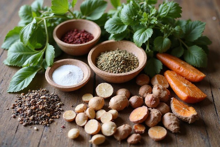 Ingredientes naturales y orgánicos dispuestos artísticamente sobre una mesa de madera